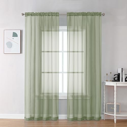 Chyhomenyc - Sage Green Sheer Curtains 90 Inch 2 Panels Light Filtering Soft Airy Plain Elegant Window Treatment Drapes for Bedroom Living Room