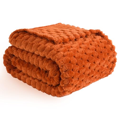 Vessia Flannel Fleece Throw Blanket, 3D Jacquard Burnt Orange Fuzzy and Warm Blanket for Couch, Sofa, Bed, 300GSM Super Soft Touch Cozy Home Decor for All Seasons (50x40 inches)