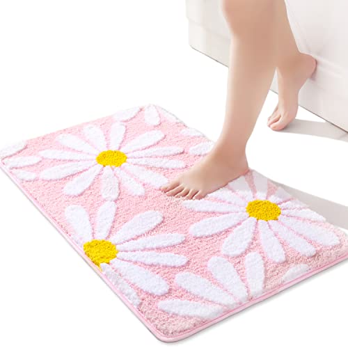 "QJHOMO Pink Bathroom Rugs Cute Daisy Bath Mat White and Yellow Flower Decor Rug Non Slip Floor Carpet Microfiber Bathmat Super Absorbent Machine Washable Bahtub Mats for Shower, Tub, Bedroom 16""x 24"""