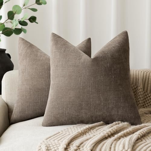 Foindtower Pack of 2 Soft Textured Chenille Throw Decorative Pillow Covers Square Accent Solid Cushion Cover Cozy Farmhouse Pillow Case with Zipper for Couch Sofa Bedroom Living Room 24x24 Inch, Taupe
