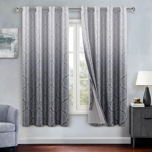 DWCN Ombre 100% Blackout Curtains with Tiebacks- Damask Patterned Thermal Insulated Energy Saving Grommet Curtains for Bedroom, Set of 2 Gradient Window Curtain Panels, 52 x 63 Inches, Grey