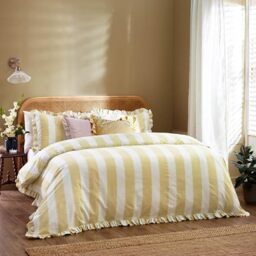Wylder Birdie Stripe Duvet Cover Set – Reversible Cotton Rich Frilled Cottagecore Stripe Design with Ruffle Trim (Butter Yellow - Single)
