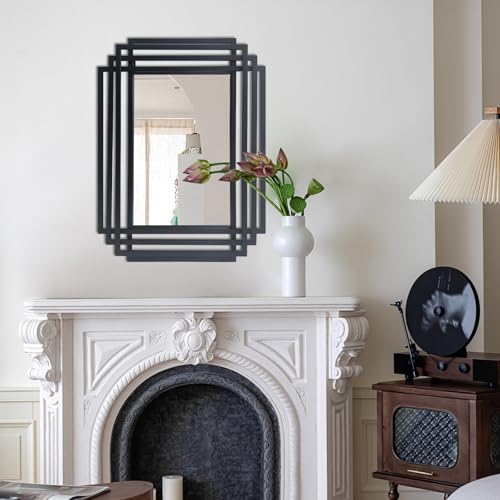"DAOYIJIAJU 24""x18"" Rectangle Decorative Wall Mirror with Black Metal Frame - Rustproof Metal Frame, HD Glass, Horizontal/Vertical Hanging, Art Deco Wall Mirror for Entryway Bathroom Bedroom Living Room"