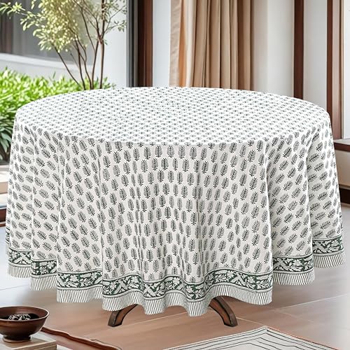 Ridhi Emerald Green Round Tablecloth 110 Inch 100% Cotton Hand Block Print Farmhouse Table Cover for Dining, Parties, Weddings, Easter, Fall D??cor, Christmas Thanksgiving