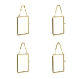 4PCS Glass Frame for Pressed Flowers, 2x3 Inch Brass Hanging Photo Frame Double Glass Frame with Chain DIY Vintage Home Decor