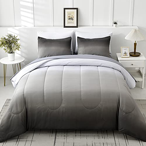 "Anibedding 7 Pieces Grey Comforter Set King Size Gradient Black Gray White Bed in a Bag for King Bed - All Season Lightweight Microfiber Bedding Sets with Comforter for Women Men Teens (103"" x90"")"