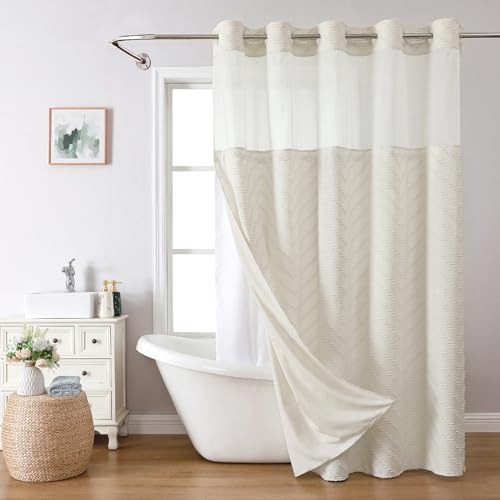 eachope Extra Long No Hook Tufted Chevron Striped Bathroom Curtains with Snap-in Fabric Liner set-71Wx86H(84H),Cream Hotel Grade Boho Style Shower Curtain,Water Repellent