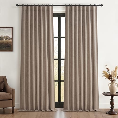 "QJmydeco Dark Flax Black Out 96 Inch Long Boho Curtains 2 Panel Set, Farmhouse Curtain for Living Room Darkening/Thermal/Noise Reduction Textured Linen Drape 8ft Hook&Ring Included Chocolate 50""x96"""