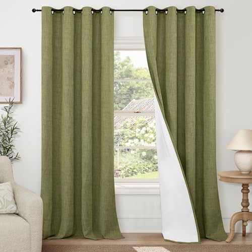 Lajode Linen Blackout Curtains 90 Inch Long, Olive Green Extra Long Curtains for Bedroom Living Room Modern Farmhouse, Thermal Light Blocking Faux Linen Energy Save Drapes Each 52x90 Inch 2 Panels