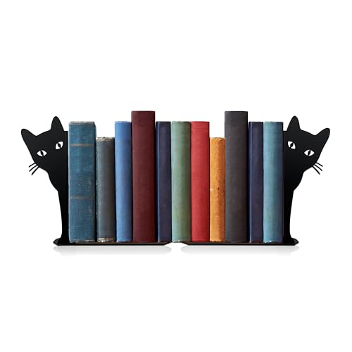 Ecqizer Peeping Cat Metal Bookends Cute Cat Book Ends for Shelves Bookshelf Decorative Objects Home Office Desk Bookshelf Decor Cat Lover Gifts for Women (Black)