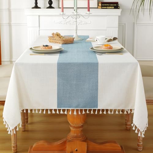 Laolitou Tablecloth for Dining Table Rustic Farmhouse Kitchen Table Cloth Coffee Table Cover, Cotton Linen Fabric Small Rectangle Tablecloths, Beige, Blue Stripe, 55x102 Inch