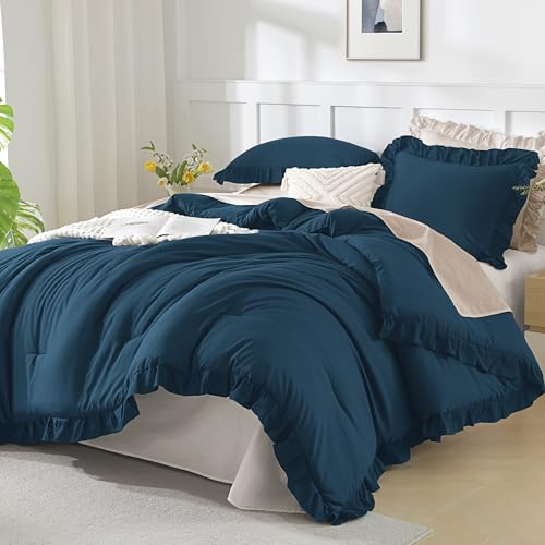 Andency Navy Blue California King Comforter Set, 3 Pcs Shabby Chic Bedding - Ruffle Solid Cal King Bedding Sets, Oversized All-Season Soft Lightweight Down Alternative Bed Set for Adults