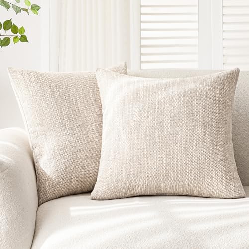 Foindtower Set of 2 Decorative Textured Burlap Linen Throw Pillow Covers Farmhouse Boho Cushion Cover Solid Accent Pillowcase for Couch Sofa Bed Living Room Home Decor,20??20 Inch,Light Beige