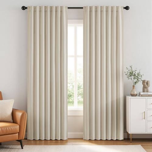 ANRODUO Back Tab Blackout Curtains for Bedroom Living Room,Rod Pocket Pinch Pleated Thermal Insulated Room Darkening Curtains 84 Inches Long 2 Panels,Cream Beige,52 x 84 Inch