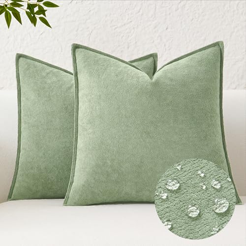Kevin Textile Waterproof Decorative Pillow Covers Sage Green 16x16 Inch Pack of 2 Soft Boucle Textured Throw Pillowcases Elegant Accent Pillows for Couch Sofa Chair Bed Home Decor Indoor Outdoor