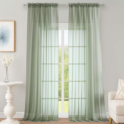 "OWENIE Sage Green Sheer Curtains 120 Inches Long 2 Panels Set, Airy Lightweight Sage Curtain for Living Room Bedroom, Farmhouse Filmy Rod Pocket Drapes, 2 Pcs, Each 59"" Wx120 L Inch"
