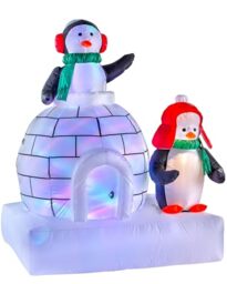WeRChristmas Inflatable Christmas Penguin Family and Igloo Colour Changing Light Decoration, White, 5 ft, WRC-9553