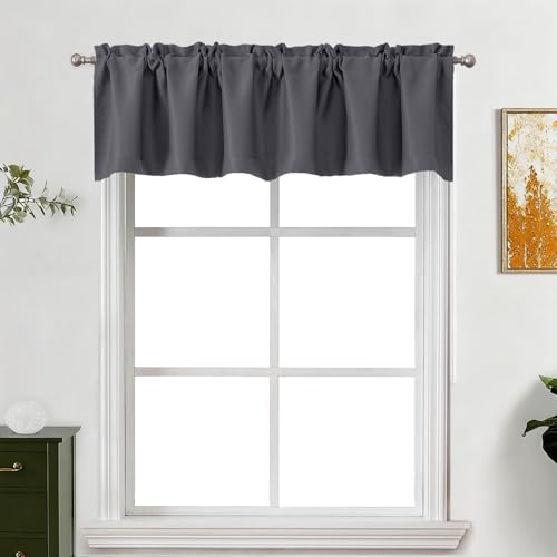 "Lecloud Grey Valance for Windows 14 Inch Length, Thermal Privacy Room Darkening Curtains, Farmhouse Kitchen Home Decor Drapes Rods Pocket for Bathroom Cafe Basement Cabinet, 60"" W x 14"" L 1 Panel"