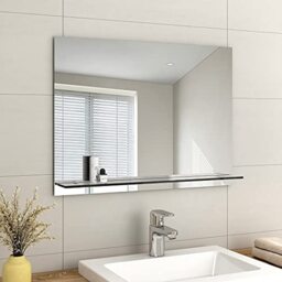 EMKE Frameless Mirror with Shelf - Small Bathroom Wall Shaving Mirror with Storage, Rectangle Vanity Mirrors 80x60cm