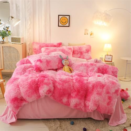 chovy Faux Fur Tie-Dyed Pink White Red Colorful Comforter Sets King - 3PC Bed Set Ultra Soft Plush Flannel Velvet Fluffy Fuzzy Bedding???Comforter x 1 Pillowcases x 2???
