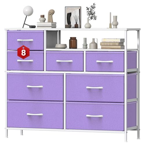 GoaHi Chest of Drawers with 8 Drawers,Bedroom Drawers, Fabric Dresser with Wood Top,Drawer storage unit for for Bedroom, Living room,Purple