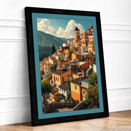 Hillside Village in Ochre Scenic & Cityscapes Framed Print A1 Black - Ready to Hang, Premium Gicl??e Paper, Fade-Resistant Inks, Securely Packaged, UK Made