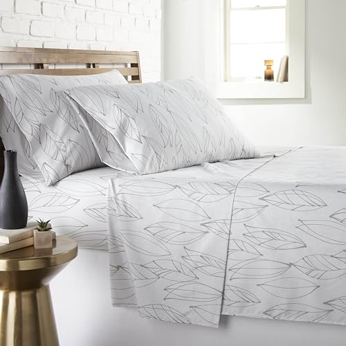 Southshore Fine Living, Inc. 4-Piece Botanical Sheets Set, 15 Inch Deep Pocket Queen Size Sheet Sets, Easy Care Microfiber Bedsheets, Leaf Printed Sheet Set Queen Size - Modern Foliage Grey on White