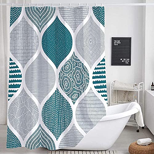 JAWO Teal and Grey Bohemian Shower Curtain for Bathroom, Gray White Bohemia Chic Fabric Geometric Pattern Shower Curtains Set, Modern Paisley Restroom Decor Accessories with Hooks 72X84Inches