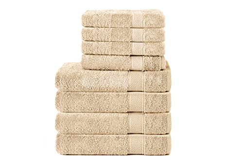 Komfortec Hand Towel and Bath Towel Set, 4 x Hand Towels and 4 x Bath Towels, 50 x 100 and 70 x 140 cm, 100% Soft Cotton Terry Towelling, Large and Small Shower Towel, Quick Drying, Sand/Beige