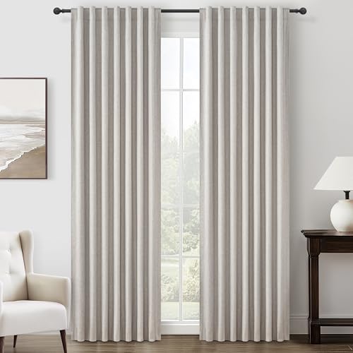 "QJmydeco Thick Linen Blackout Curtains 90 Inches Long for Bedroom/Dining Room 2 Panels Set, Pleated Curtain with Pin Hooks Natural Melange Energy Efficient Drapes with White Backing (50""Wx90""L)"