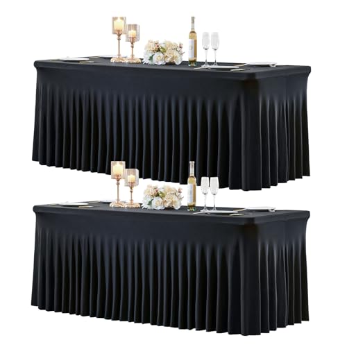 2 Pack 6ft Black Spandex Tablecloths for Rectangle Tables Wrinkle Free Black Rectangle Table Cloths, Stretch Fitted Table Cover with Skirt for Wedding Birthday Party Banquet Baby Shower Buffet Event