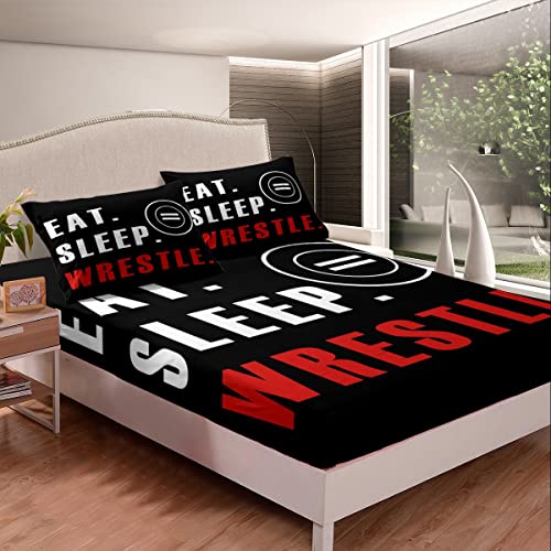 Feelyou Wrestle Bed Sheet Set Sports Theme Fitted Sheet Deep Pocket Full Size for Kids Boys Girls Teens Room Wrestling Decor Bedding Set Super Soft Bed Cover 3Pcs