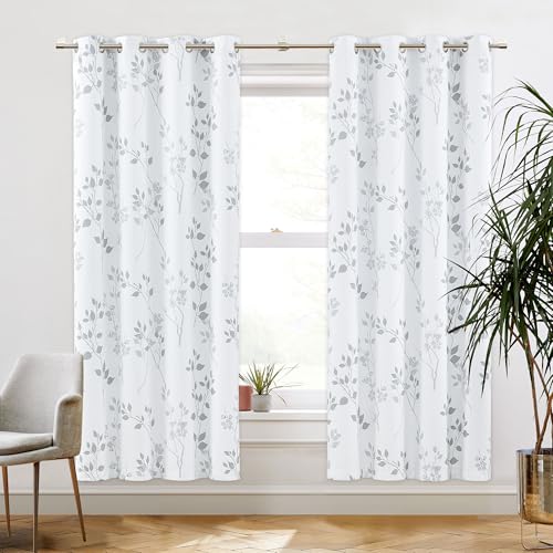 Beauoop Floral 100% Blackout Curtains for Bedroom Grey White 52X72 2 Panels - Flower Patterned Room Darkening Drapes for Living Room 72 Inches Long Thermal Insulated Soundproof Window treatment Grommet