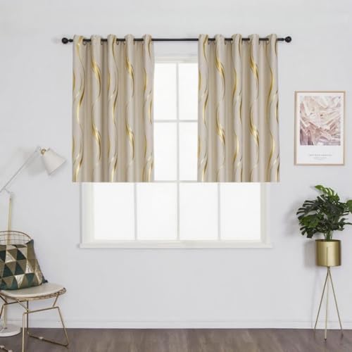 MYRU 2 Panels Set Kitchen Short Curtain Panels for Bedroom, Foil Print Striped Curtains for Living Room (Beige and Gold, 2 Panels 54 x 54 Inch)