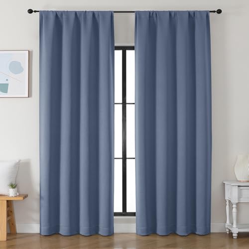 Simplebrand Ava Denim Blackout Curtains for Bedroom 90 Inches Long 2 Panels Set, Solid Privacy Energy Saving Living Room Window Treatment Curtains Blackout Drapes, W50 x L90 Inch, Denim