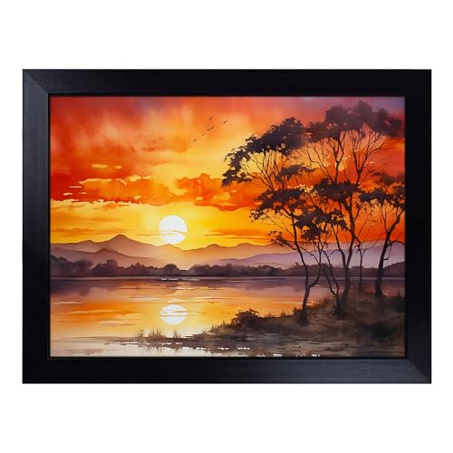Lap Tray with Bean Bag Cushion, Sunset Watercolour - Handmade in the UK, Raised Wooden Edge, Padded Cushion, Heat-Resistant Wipe-Clean Surface, for Meals, Laptops and Crafts