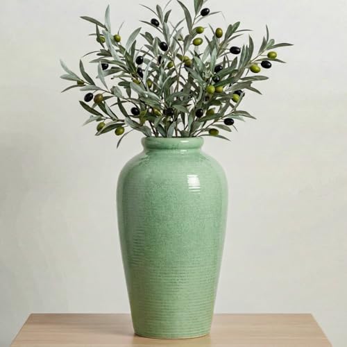 Wancetang Green Ceramic Vase - 11 Inch Tall Modern Flower Vase for Pampas Grass, Pottery Decorative Vase for Centerpieces, Farmhouse Decor, Living Room, Kitchen, Shelf, Table Decor