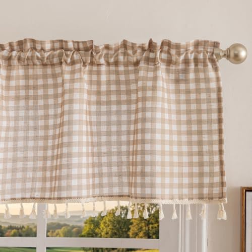 Jilron Linen Curtains Valance, Farmhouse Gingham Style - Short Curtains for Windows, Easy Install Kitchen Curtains with Light Filtering-Milk Coffee(W 52*L 18in-1-Panel)