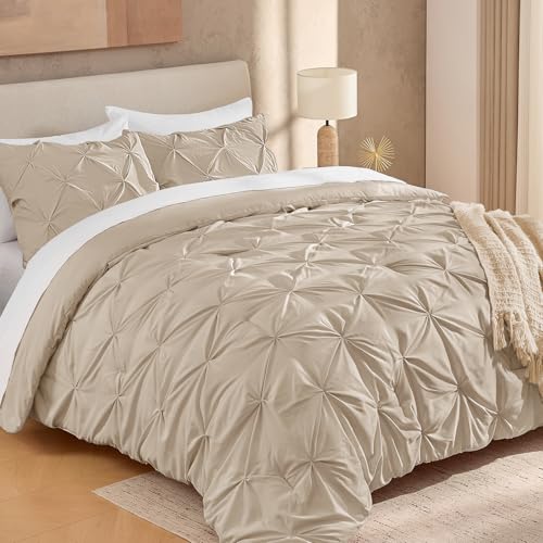 "Andency Oversized King Pinch Pleat Khaki Comforter Set 3 Piece Bedding - Lightweight Comforter with 2 Pillow Shams,120""x98"", Pintuck Fluffy, All Season Use, Boho Cute Style for Bedroom"