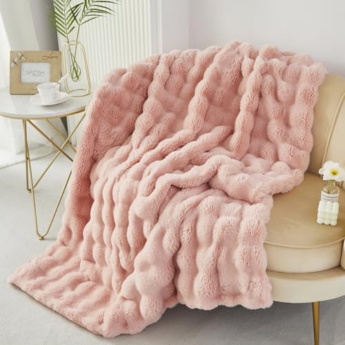 RYNGHIPY Faux Rabbit Fur Bed Throws, Fluffy Warm Throw Blanket for Sofa Couch, Soft Plush Decorative Blanket Thick and Heavy, Cute Bubble Furry Blanket (Blush, 63''x79'')