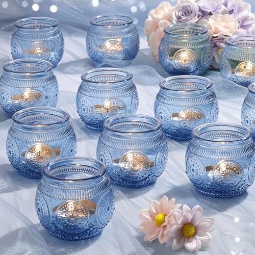 LAMORGIFT 12 Pcs Blue Votive Candle Holders for Bridal Shower Decorations- Floral Style Dusty Blue Candle Holder for Wedding Table Centerpieces, Baby Shower Decor