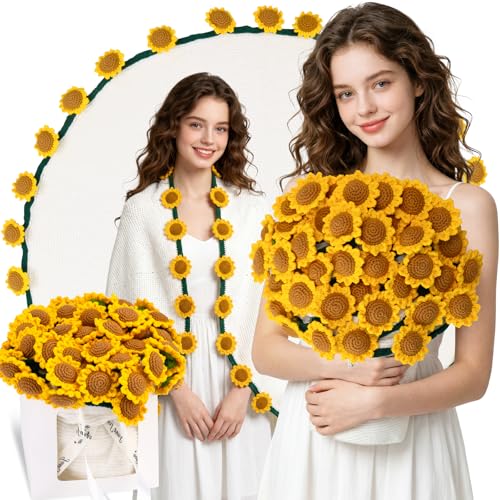 "KIVEE Sunflower Crochet Flowers Bouquet Blankets, Sunflower Gifts for Women Birthday Housewarming Home Decor, Mothers Day Anniversary Appreciation Gifts for Teacher, Mom, Grandma, Wife, Friends 31"""
