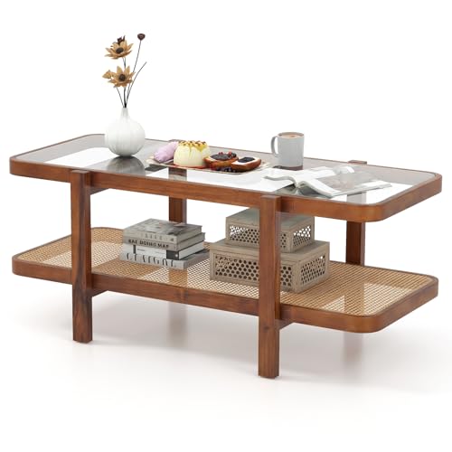 CASART Coffee Table, 2-Tier Tempered Glass Tea Table