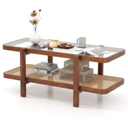 CASART Coffee Table, 2-Tier Tempered Glass Tea Table