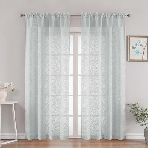 OVZME Extra Wide Light Grey Sheer Curtains 84 Inches Long 2 Panels, Elegant Leaf Clip Jacquard Light Filtering Sheer Curtains, Dual Rod Pocket Textured Drapes for Living Room, 2x52Wx84L Inches