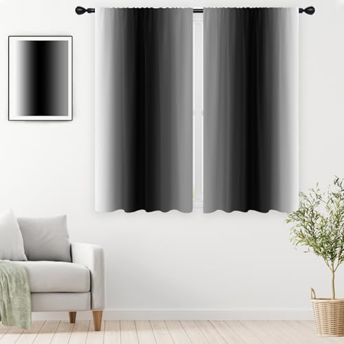 "EGLGCC Black Grey Curtains, Ombre, 2 Panels, 42"" W x 63"" L, Rod Pocket - Modern Elegant Gradient Style, Minimalist Abstract Art, Moody Gothic Halloween Ornament, Window Drapes Decor"