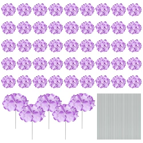 jiebor 50Pcs Purple Hydrangea Artificial Flowers Faux Fake Silk Fabric Hydrangea Flower Heads Bulk with Stems for Crafts DIY Wedding Table Centerpieces Graduation Cap Party Home Outdoor Decoration