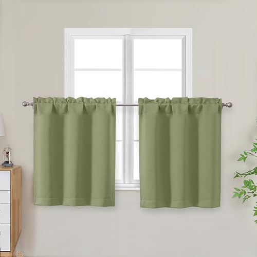 "OWENIE Sage Green Short Blackout Curtains Tier 24 Inch Length, Small Kitchen Curtain Rod Pocket Privacy Half Window Curtains for Bathroom Basement Cabinet Camper RV Bunk, 2 Panels, Each 30"" Wx24 L"