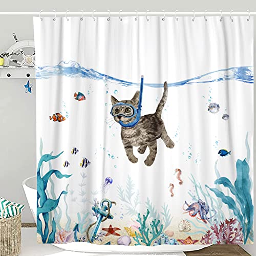 Lifeella Funny Cat Shower Curtain Teal Blue Sea Ocean Waterproof Fabric Shower Curtains for Bathroom with Animal Octopus Starfish Turtle Anchor Fish Nautical Bathroom Curtain (cat)