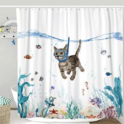 Lifeella Funny Cat Shower Curtain Teal Blue Sea Ocean Waterproof Fabric Shower Curtains for Bathroom with Animal Octopus Starfish Turtle Anchor Fish Nautical Bathroom Curtain (cat)